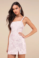 Shine for Us Shiny Rose Pink Tropical Jacquard Mini Dress
